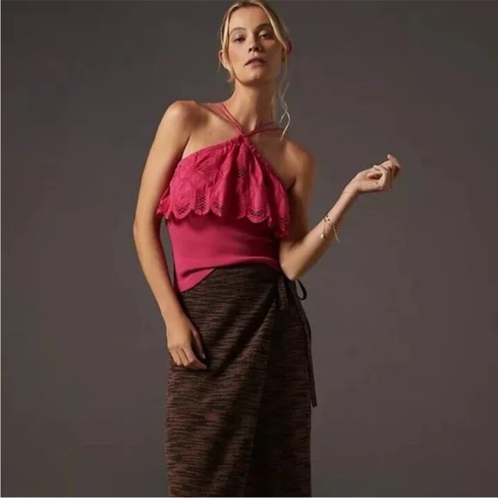 NWOT Anthropologie Ruffled Halter Tank Top Eyelet - Picture 2 of 6